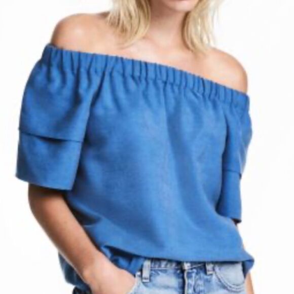 H&M Double Sleeve Off Shoulder Blue Top Blouse Size 6 - Picture 1 of 3
